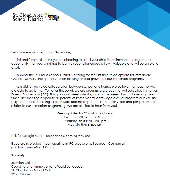 Immersion Parent Connections Letter 23 24